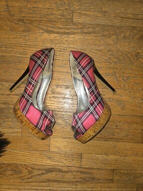 Baby Phat Pink Plaid Peep-Toe Platform Heels